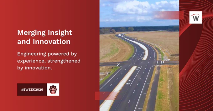 Aerial view of a newly constructed divided roadway through open fields beside text reading “Merging Insight and Innovation” and “Engineering powered by experience, strengthened by innovation.” #EWEEK2026 with Waggoner logo.
