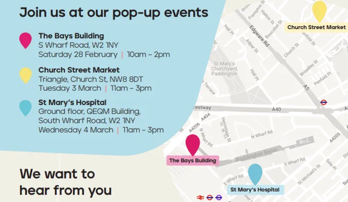 Map highlighting three pop-up event locations in London: The Bays Building, Church Street Market, and St Mary's Hospital with dates and times.
