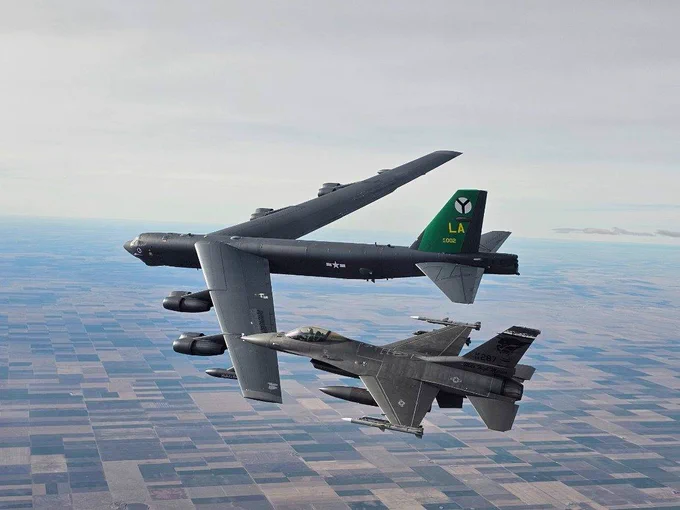 A North American Aerospace Defense Command (NORAD) F-16 fighter aircraft from the Colorado Air National Guard’s 120th Fighter Wing intercepts a U.S. Strategic Command B-52 bomber over North Colorado’s airspace, Feb. 24, 2026, as part of Operation GLOBAL GUARDIAN. The operation validates NORAD’s tactics, techniques, and procedures across multiple regions against airborne threats. Operation GLOBAL GUARDIAN leverages a U.S. Strategic Command Bomber Task Force acting as a simulated threat to exercise aerospace warning and aerospace control as the Bomber Task Force transits between airspace.