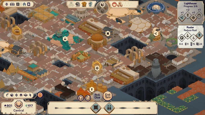 A screenshot of our game, Amberspire. Resource dice have been rolled and are now being distributed among the city's buildings. Starlight has been provided to the Lighthouse's construction, and Quiver has been provided to the Ruster to help reduce intrusive terrain tiles. Canvas and Ritual are still yet to be assigned.