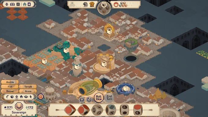 A screenshot of our game, Amberspire. Six dice have been collected from various buildings on the map - the Furnace, Gardens, Lighthouse, Clockworks, Crystallizer, and Centrifuge.