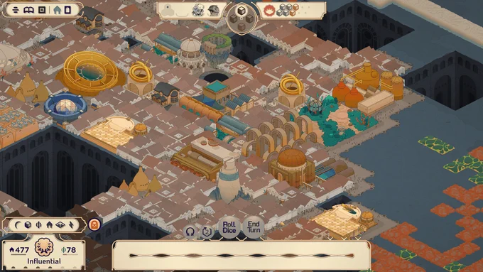 A screenshot of our game, Amberspire. It is the start of a new turn, but the player hasn't yet chosen their dice. The city is growing, but terrain tiles of Rust, Flood, and Fog are close by, and will need clearing before it can expand further.