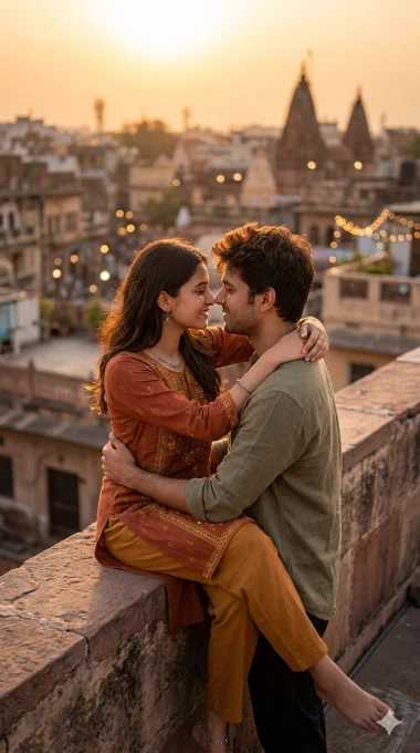 Close up short perfect frame, Romantic cinematic outdoor portrait of a young couple at golden hour, vertical frame 9:16. The woman sits on the compound wall near terrace edge, legs bent and playfully swinging, the man stands behind her hugging from back with arms around her waist and upper thighs, pulling her close gently. She turns her upper body towards him, arms resting on his shoulders, their faces extremely close noses almost touching with intense eye contact showing deep love and intimacy. The man has medium build, short slightly messy dark hair, soft golden sunlight glow on skin, ultra-realistic details, cinematic bokeh background