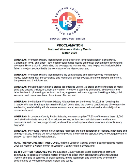 Loudoun County Public Schools proclamation declaring March 2026 as National Women's History Month honoring women's contributions and leadership.