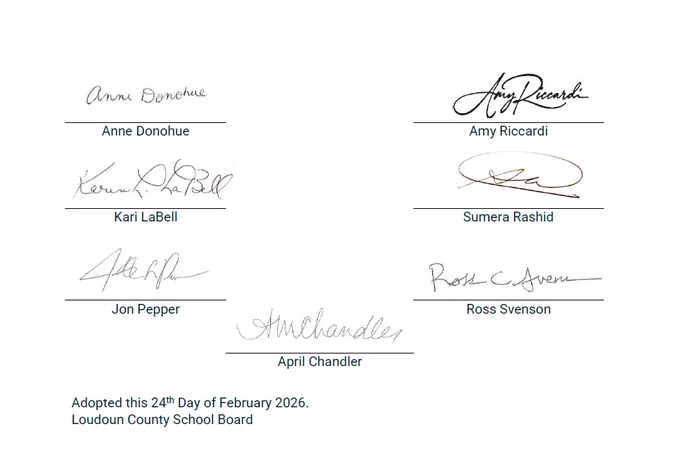 Signatures of Loudoun County School Board members with names and adoption date of February 24, 2026, displayed on a white background.