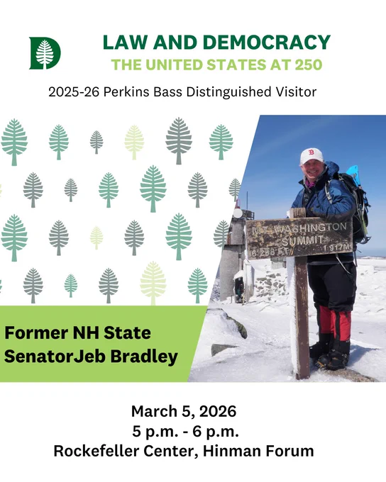 A photo of Jeb Bradley at the top Mt. Washington in winter hiking gear. Text: Law and Democracy, the United States at 250. Former NH State Senator Jeb Bradley.