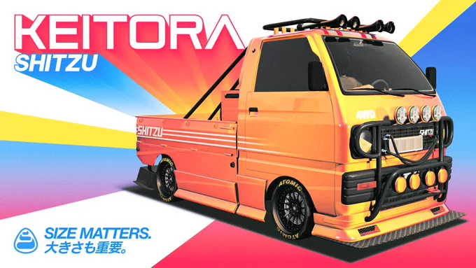 Poster for the small orange, two-door Shitzu Keitora with a low open-top trunk. Text reads, \u201CSize Matters.\u201D 