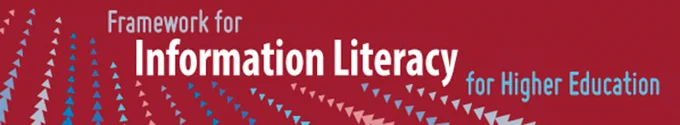 Red banner displaying the text "Framework for Information Literacy for Higher Education" in white and yellow. Decorative blue and red triangular patterns on the left.