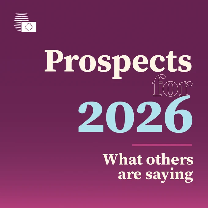 A square promotional graphic with a purple gradient background and the Council of the EU logo in the top left corner. Large text in the centre reads “Prospects for 2026”, and beneath it in smaller text, underlined with a pink line, “What others are saying.”