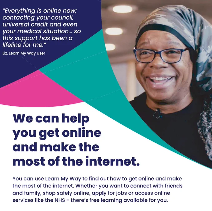 A person wearing a headscarf shares how online support helped with council, credit, and medical needs, promoting digital inclusion.