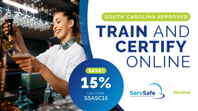 A person is pouring a drink behind a bar. The image promotes online training and certification in South Carolina, highlighting a 15% savings with the code SSASC15. The ServSafe Alcohol logo is displayed.