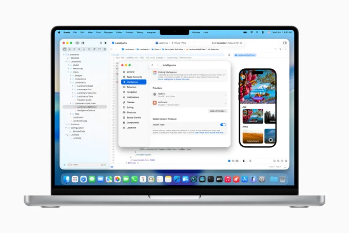 MacBook Pro screen with Xcode open to a project titled “Landmarks.” A pop-up shows Intelligence settings, and iPhone 17 Pro preview to the right displays the Landmark Split View app.