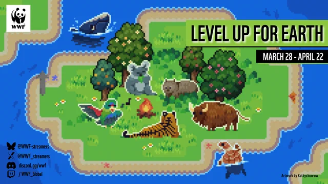 Pixelated game scene features diverse animals on an island: koala, tiger, wombat and buffalo and a whale and turtle in the water surrounding the island with text "Level Up for Earth: March 28-April 22" and social links.
