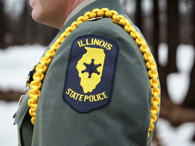 A close-up of a person in an Illinois State Police uniform, featuring a shoulder patch with the agency's name and logo on a grassy green background, with a yellow braided cord looped around the shoulder.