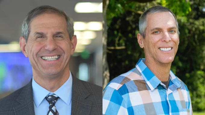 A collage of headshots of author Jon Nese and Jeff Harding (left and right).