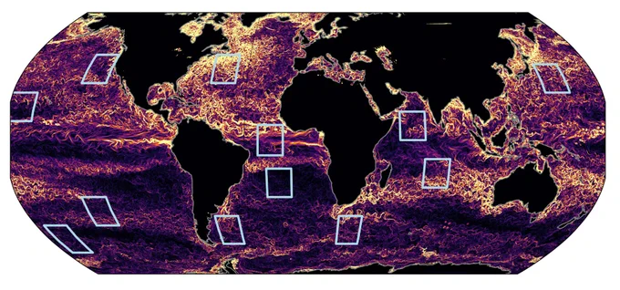 Global map showing kilometer-scale ocean turbulence that mix water masses and transport heat, energy, and nutrients.