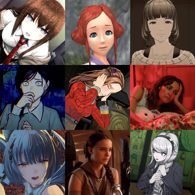 From upper-left clockwise: Makise Kurisu (Steins; Gate), Luna (Virtue's Last Reward), Hitomi Sagan (AI: The Somnium Files), Linda (If I Had Legs I'd Kick You), Nozomi Kirifuji (The Hundred Line), Padmé Amidala (Star Wars), Mio (Xenoblade 3), Harue Shigima (Paranormasight: The Seven Mysteries of Honjo)