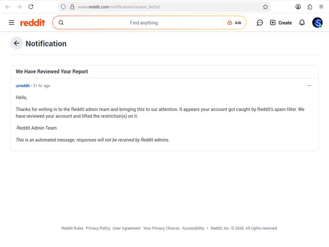 A screenshot of the message to our official Reddit user, reddit.com/user/sonicdesktop, stating it has been unbanned.