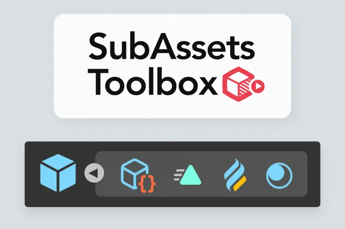 Banner for “SubAssets Toolbox” with the title in bold black text and a red cube icon. Below, a dark Unity interface shows a Prefab with several sub-assets as icons: a ScriptableObject (cube with braces), Animation Clip (green triangle), VFX Graph Asset (blue and yellow flame), and a Material (blue sphere).