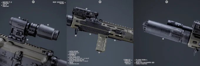 RailScales QTR Stop, RSBM-P Polymer M-LOK VFG, G10 RailScales M-LOK Scales (3-Slot, Matrix Texture, Black FR4), G10 Solo's M-LOK Scales (1.5-Slot, Matrix Texture, Black FR4), QDX Sling Mount, Halftop Mount for Scout Light Pro Lights, CSMR Mag Button | Cobalt Kinetics 11.5" 5.56 CK-Pro Bear Claw SBR, HUXWRX Flow 556k L Suppressor w/ RCB-HX HUXWRX QD Muzzle Brake, Surefire M640V-Pro Scout Light Pro IR Light w/ DS00 Switch Assembly & CSM-07 Pressure Switch, Wilcox Industries Raid X Laser, Aimpoint Micro T-2 RDS & 3X-P Magnifier, Spuhr RDF-20225K Aimpoint T-2 & Magnifier Mount, Magpul Single Window 30rd EMAG, MOE-K2 Grip & MOE SL-M Stock in OD Green, Radian Weapons Raptor LT Charging Handle, Geissele G2S Trigger. 