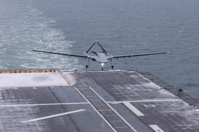Bayraktar TB3 drone landing aboard TCG Anadolu in the Baltic Sea.

Credit: Turkish MoD