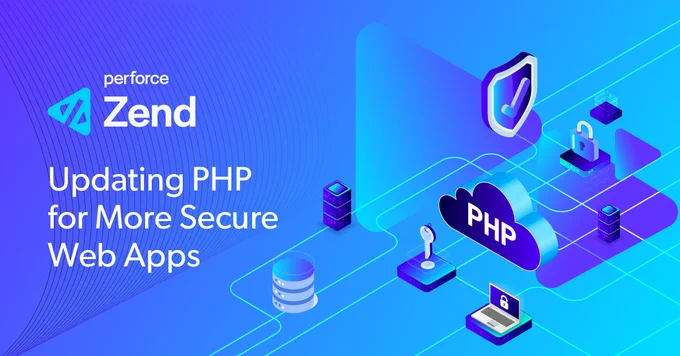 The Perforce Zend logo over the words, \u201CUpdating PHP to Improve Web App Security\u201D.  A digital illustration with servers, a lock, and a speech bubble with \"PHP\" on a blue grid background.