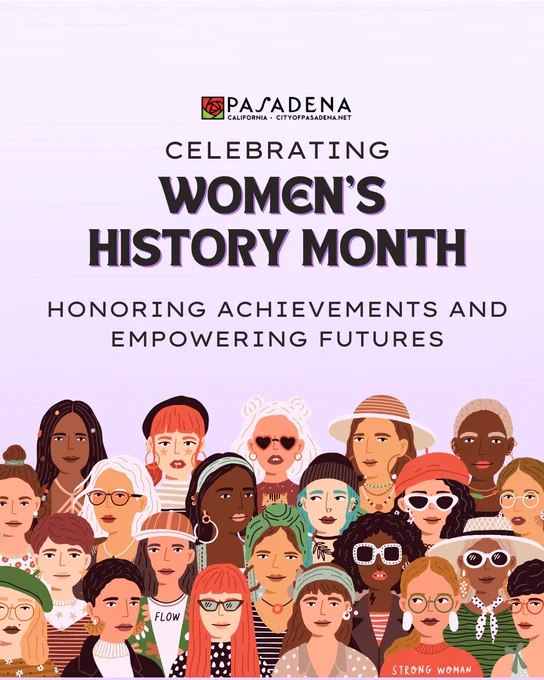 City of Pasadena graphic celebrating Women’s History Month with illustrated diverse women and text: “Honoring achievements and empowering futures.”
