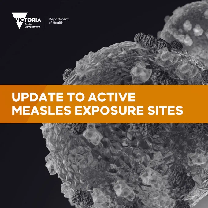 Black and orange background tile. Text reads: "Update to active measles exposure sites"