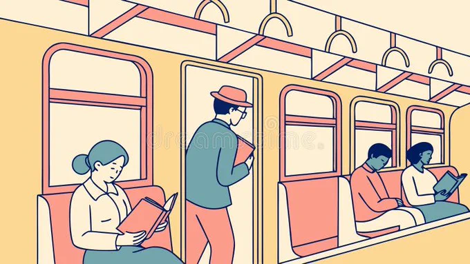 Illustration of the subway. 4 people, 3 with books, 2 reading. Muted yellows, greens, pinks.