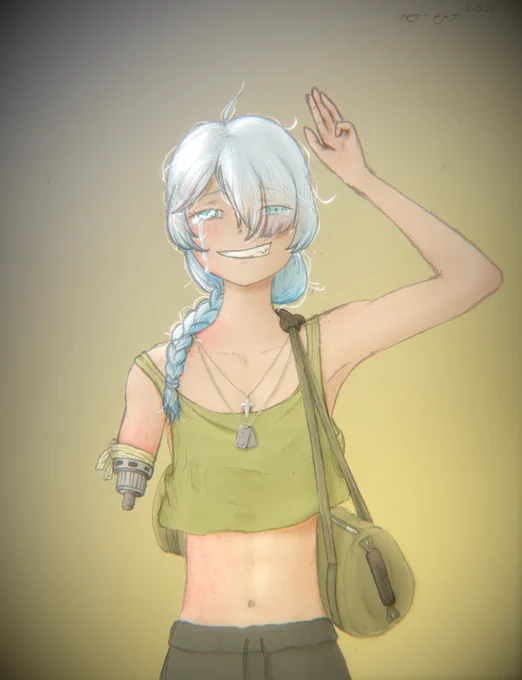 A stylized anime-inspired drawing of a young woman returning from conscripted military service. 
Her hair is white and windswept.
She has a duffle bag slung over her should and a cross hanging with her soldier's dog-tags. 
She has burn scars and is missing most of her right arm, but she's beaming with tears of joy in her eyes.
She's just happy to see her sisters again.