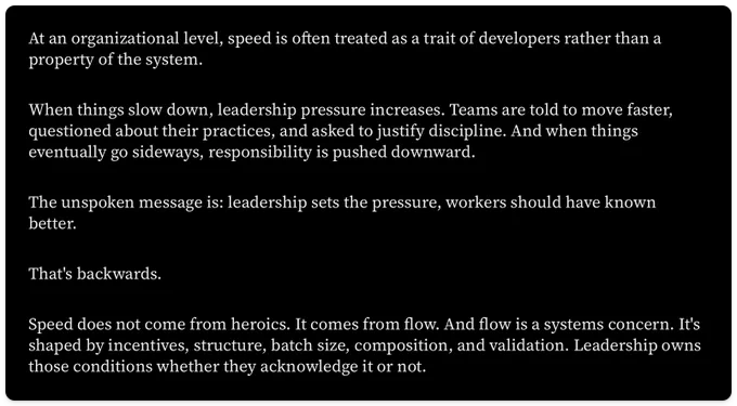 Discussion on leadership pressure affecting team speed and responsibility. Emphasizes flow over heroics in organizational systems.