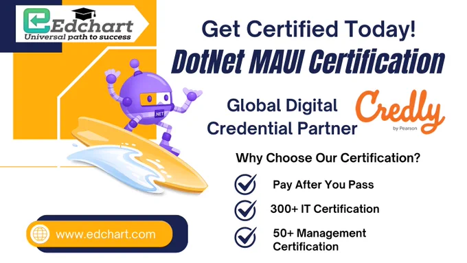 The image represents a professional .NET MAUI Certification concept designed for developers specializing in cross-platform mobile and desktop application development. It visually highlights modern application interfaces running seamlessly across Android, iOS, Windows, and macOS platforms, symbolizing the multi-platform capabilities of .NET MAUI (Multi-platform App UI). The design includes elements such as C# code snippets, cloud integration icons, mobile device mockups, and a certification badge, emphasizing technical proficiency and industry validation. This visual reflects career advancement, skill authentication, and enterprise-grade app development expertise using Microsoft’s .NET ecosystem. The certification theme underscores professional credibility, job-readiness, and practical knowledge in building scalable, high-performance applications with a single codebase. Ideal for developers, freelancers, and job seekers, the imagery conveys innovation, technical authority.