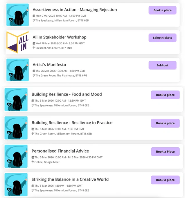 Screenshot of list of workshops