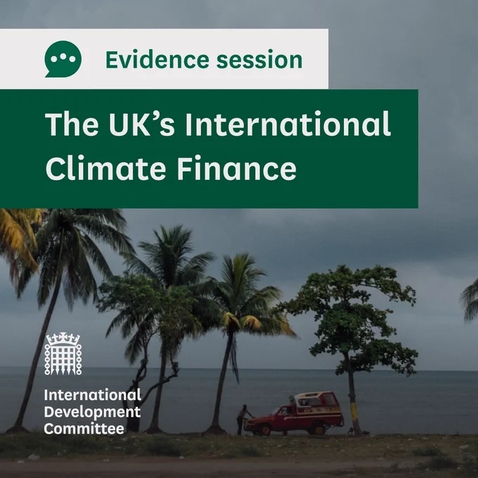 Evidence session.
The UK's International Climate Finance.
International Development Committee.
Photo shows a coastline in Jamaica, there is the sea in the background, palm trees in the foreground and dark rain clouds looming in the sky.