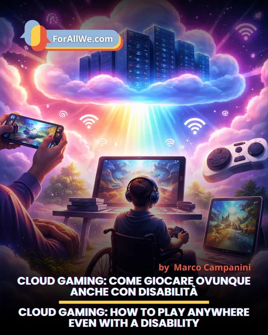 Cloud gaming illustration: data-center servers floating in the clouds with Wi-Fi icons; a wheelchair user wearing headphones plays at a desktop setup while other devices (phone/tablet) stream the same game. Bottom text shows the Italian and English titles and “by Marco Campanini.”
Illustrazione sul cloud gaming: server nel cielo tra nuvole e icone Wi-Fi; una persona in sedia a rotelle gioca davanti a un PC con cuffie, mentre altri dispositivi (smartphone/tablet) mostrano lo stesso videogioco. In basso il titolo “Cloud Gaming: come giocare ovunque anche con disabilità” e la versione inglese, con firma “by Marco Campanini”.