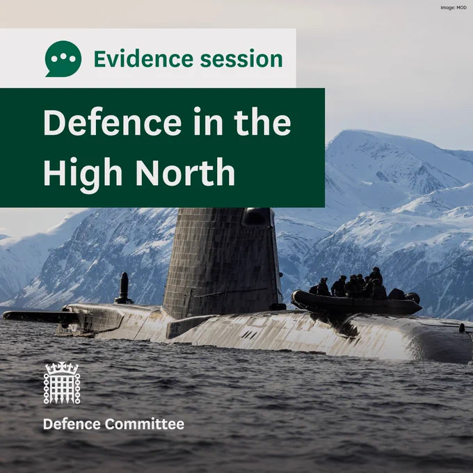 Evidence session.
Defence in the High North.
Defence Committee.
Photo shows a UK submarine half submerged in the sea in the Arctic, with mountains covered in snow in the background.