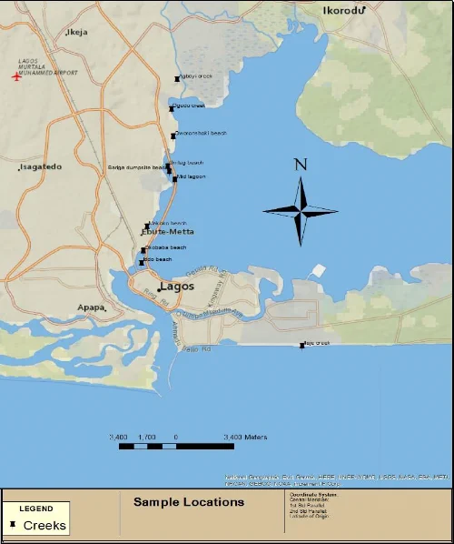 Sketch map of Lagos lagoons showing some of the sampling locations (software reference: ArcGIS 12).