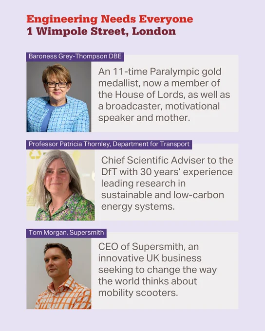 Portrait of Baroness Grey-Thompson DBE, Patricia Thornley and Tom Morgan to promote Engineering Needs Everyone.