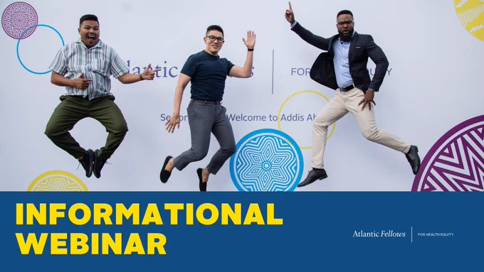 Three men jumping energetically in front of a white backdrop with colorful circular patterns and text about an informational webinar.
