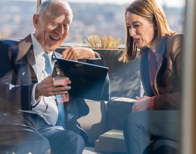 The President of the European Parliament Roberta Metsola welcoming the President of Portugal Marcelo Rebelo de Sousa to the European Parliament in Brussels, Belgium.