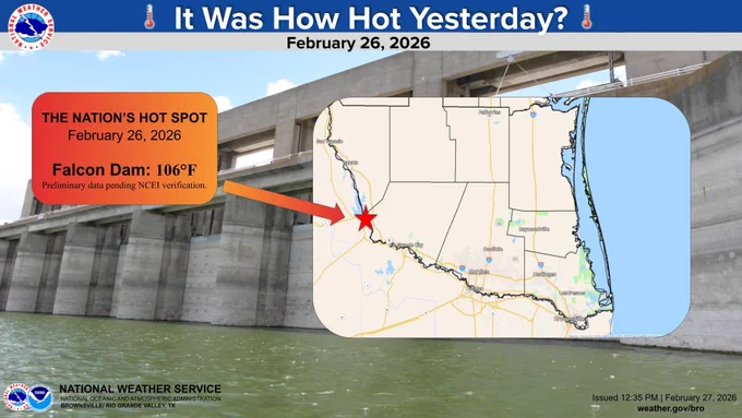 A graphic depicting the record-breaking heat observed at Falcon Dam on February 26th.  