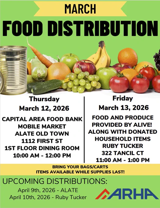 Food distribution flyers. Food distribution will occur on Thursday, March 12th from 10am-12pm at the Alate Old Town and on Friday, March 13th from 11am-1pm. at Ruby Tucker