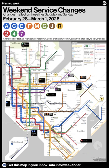 Weekend service change map between Feb 27 - Mar 2, 2026