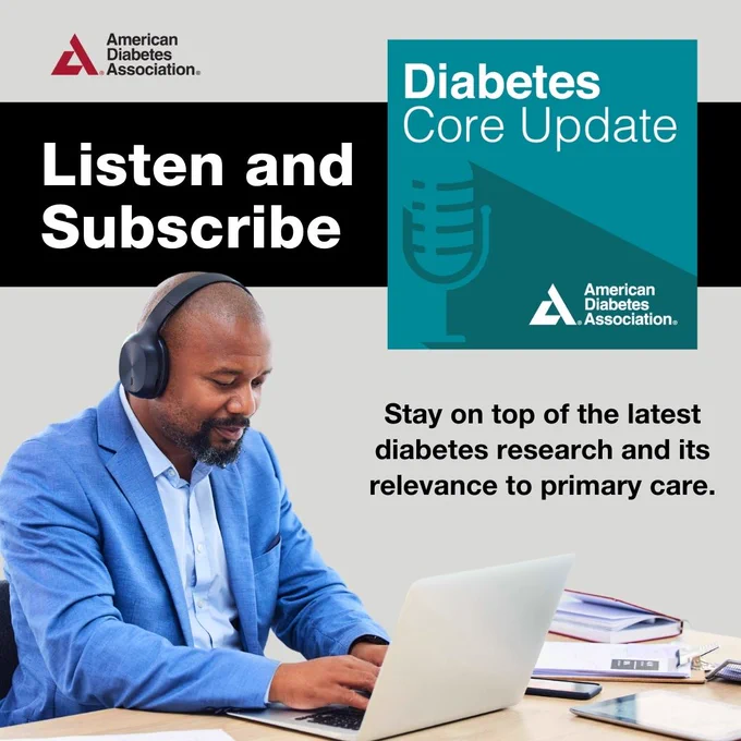 A man sits at a laptop with headphones. The Diabetes Core Update logo is featured, along with the insignia of the American Diabetes Association.