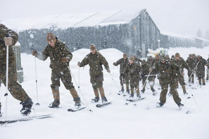 U.S. Marines and Sailors with 2nd Distribution Support Battalion, Combat Logistics Regiment 27, 2nd Marine Logistics Group, learn uphill skiing during cold weather training in preparation for\u202Fexercise Cold Response 26 in Elvegardsmoen, Norway,\u202FFeb.\u202F15, 2026.\u202FA key component of NATO's enhanced vigilance activity Arctic Sentry, exercise Cold Response 26 is a Norwegian-led winter military exercise designed to enhance collective defense capabilities and ensure U.S. readiness to rapidly deploy and seamlessly operate alongside NATO Allies in challenging arctic conditions. (U.S. Marine Corps photo by Lance Cpl. Franco Lewis)