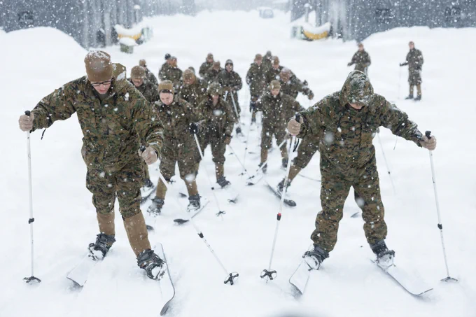 U.S. Marines and Sailors with 2nd Distribution Support Battalion, Combat Logistics Regiment 27, 2nd Marine Logistics Group, learn uphill skiing during cold weather training in preparation for\u202Fexercise Cold Response 26 in Elvegardsmoen, Norway,\u202FFeb.\u202F15, 2026.\u202FA key component of NATO's enhanced vigilance activity Arctic Sentry, exercise Cold Response 26 is a Norwegian-led winter military exercise designed to enhance collective defense capabilities and ensure U.S. readiness to rapidly deploy and seamlessly operate alongside NATO Allies in challenging arctic conditions. (U.S. Marine Corps photo by Lance Cpl. Franco Lewis)