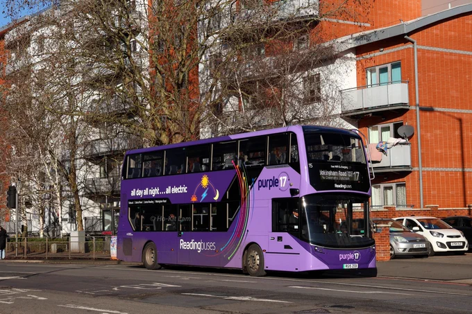 Reading Buses 15 (RG15ZEB) is a two-tone purple Alexander Dennis Enviro400EV and is pictured at Cemetery Junction as it heads to Wokingham Road, Three Tuns on route 17.