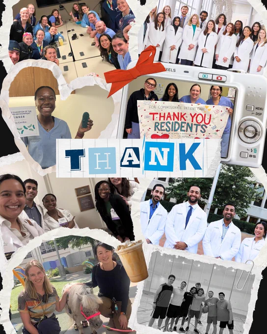 This collage features various healthcare professionals in different settings. In the center, there's a colorful arrangement spelling out "THANK YOU RESIDENTS." Surrounding images show groups wearing lab coats, taking selfies, participating in outdoor activities, and interacting with a person holding a dog. A visual theme of gratitude and teamwork is present.