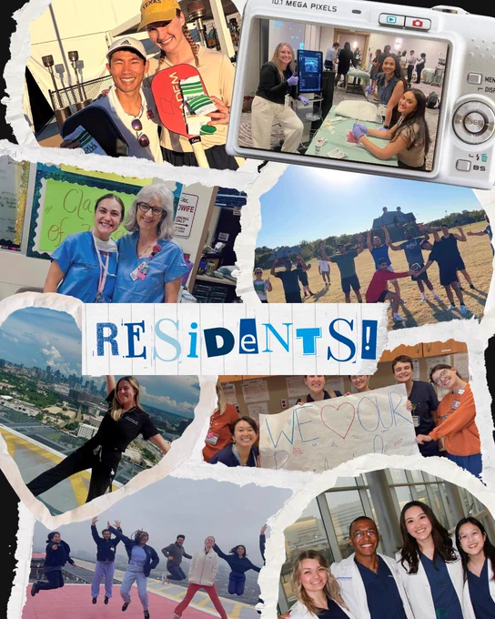 This collage features various group photos of individuals in medical settings and outdoor activities. There's a playful "Residents!" title in the center. A camera and images of people in scrubs, casual wear, and celebratory poses are depicted. Some are holding signs, and there's a mix of indoor and outdoor backgrounds.