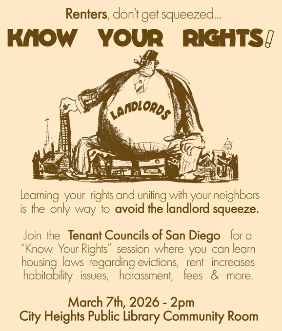 Sepia-toned flyer depicting a giant landlord in a Gilded Age style outfit sitting on top of an apartment complex and squashing it. Text reads: "Renters, don't get squeezed... Know your rights! Learning your rights and uniting with your neighbors is the only way to avoid the landlord squeeze." Remainder of text is comprised of the event details. The presentation will feature information on laws regarding illegal fees, changes to lease agreements, rent increases, habitability issues, eviction protections, and more! As always, the takeaway will be that the law is a tool but doesn't protect tenants enough, so we must get organized!!